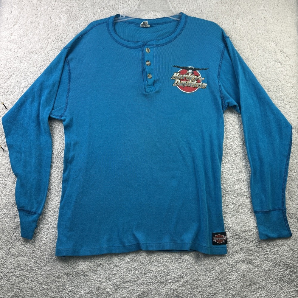 VTG Harley Davidson JE Morgan Hometown L Graphic Henley Crew Neck Shirt USA Mens